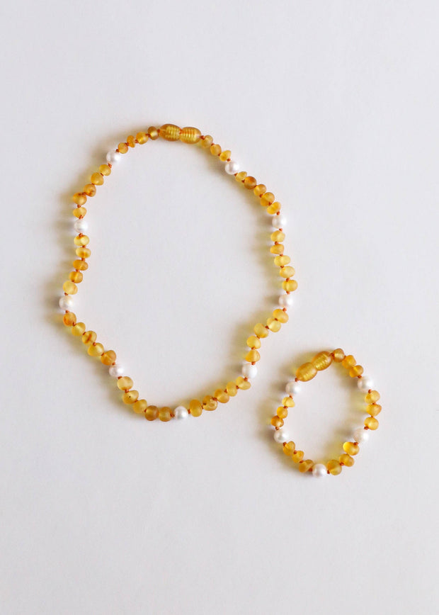 Raw Honey Amber + Pearl Halo Necklace: 13" Child Necklace