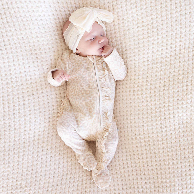 Lovely Leopard Bamboo Waffle Zipper Ruffle Footie: 3-6 months