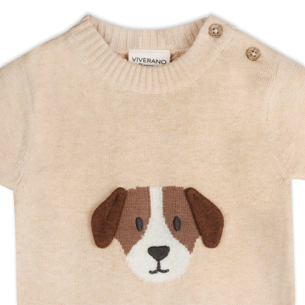 Puppy Dog Applique 3D Knit Baby Romper (Organic Cotton): Oat Heather / 6-12M