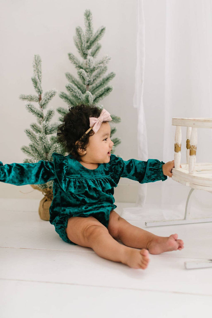 Hayley Romper in Green Crushed Velvet | Baby Clothing: 3/6m