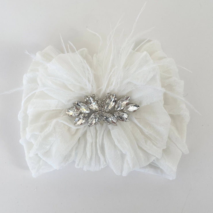 Fancy Feather Ruffled Headband: White
