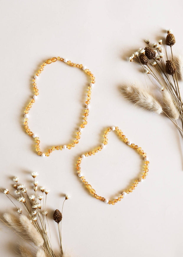 Raw Honey Amber + Pearl Halo Necklace: 11" Baby Necklace