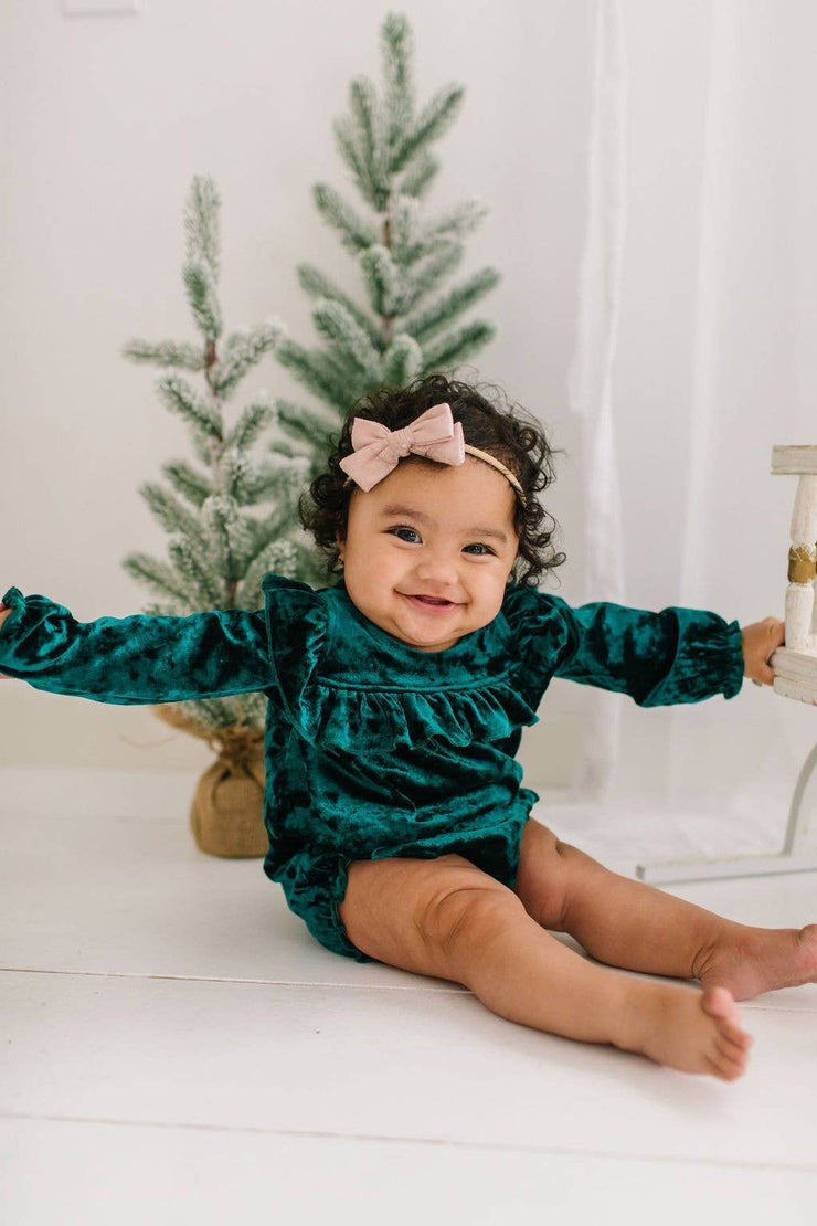 Hayley Romper in Green Crushed Velvet | Baby Clothing: 12/18m