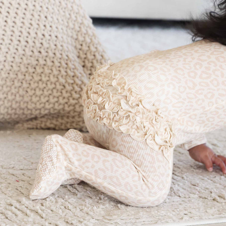 Lovely Leopard Bamboo Waffle Zipper Ruffle Footie: 3-6 months