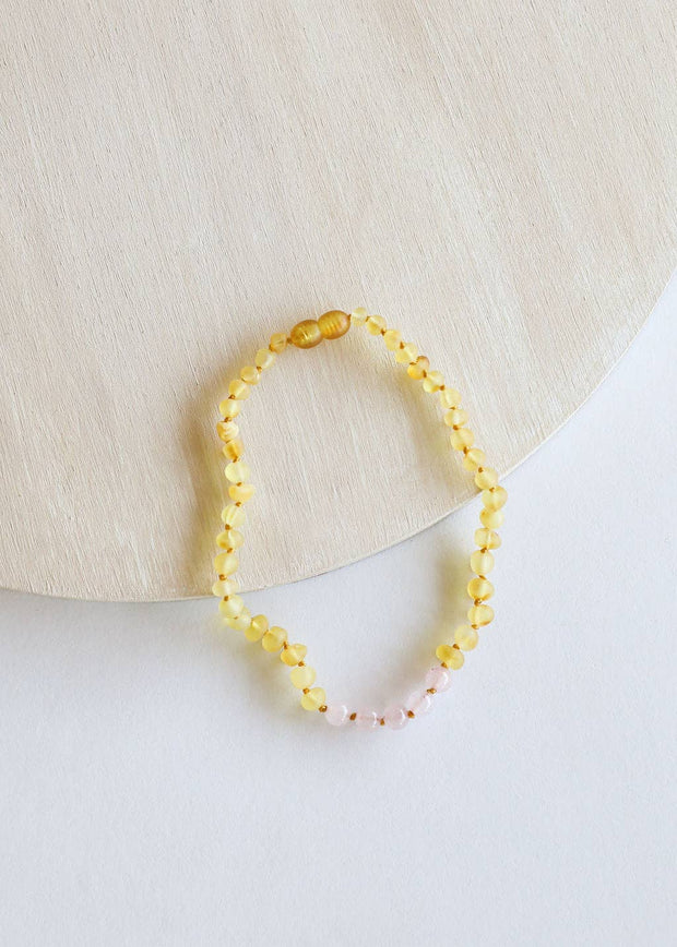 Raw Honey Baltic Amber + Rose Quartz || Necklace: 10" Newborn Necklace