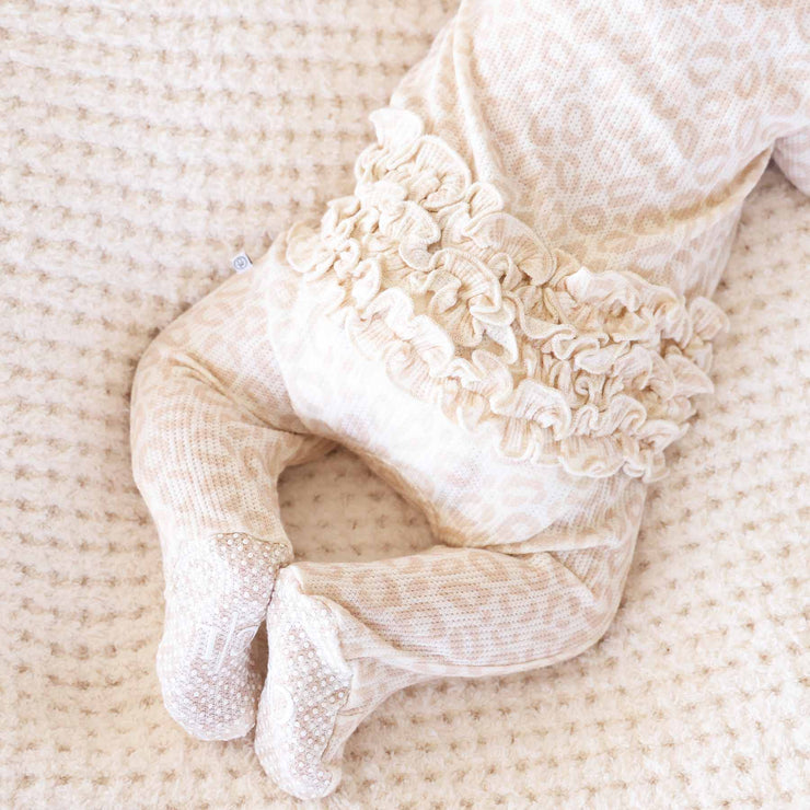 Lovely Leopard Bamboo Waffle Zipper Ruffle Footie: 3-6 months