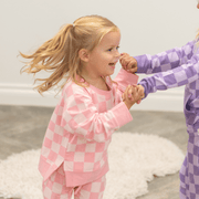 Checker Baby Pink Crew Neck Jogger Set: Checker Baby Pink / 3 Years