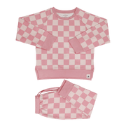 Checker Baby Pink Crew Neck Jogger Set: Checker Baby Pink / 3 Years