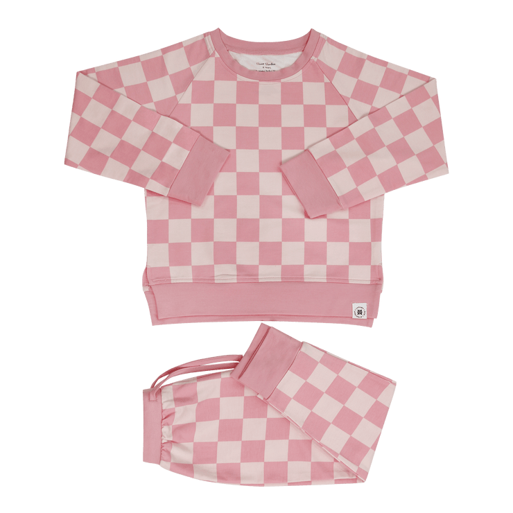 Checker Baby Pink Crew Neck Jogger Set: Checker Baby Pink / 3 Years