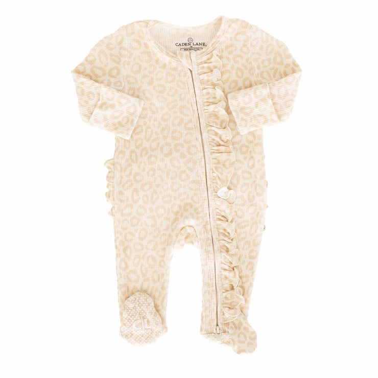 Lovely Leopard Bamboo Waffle Zipper Ruffle Footie: 3-6 months