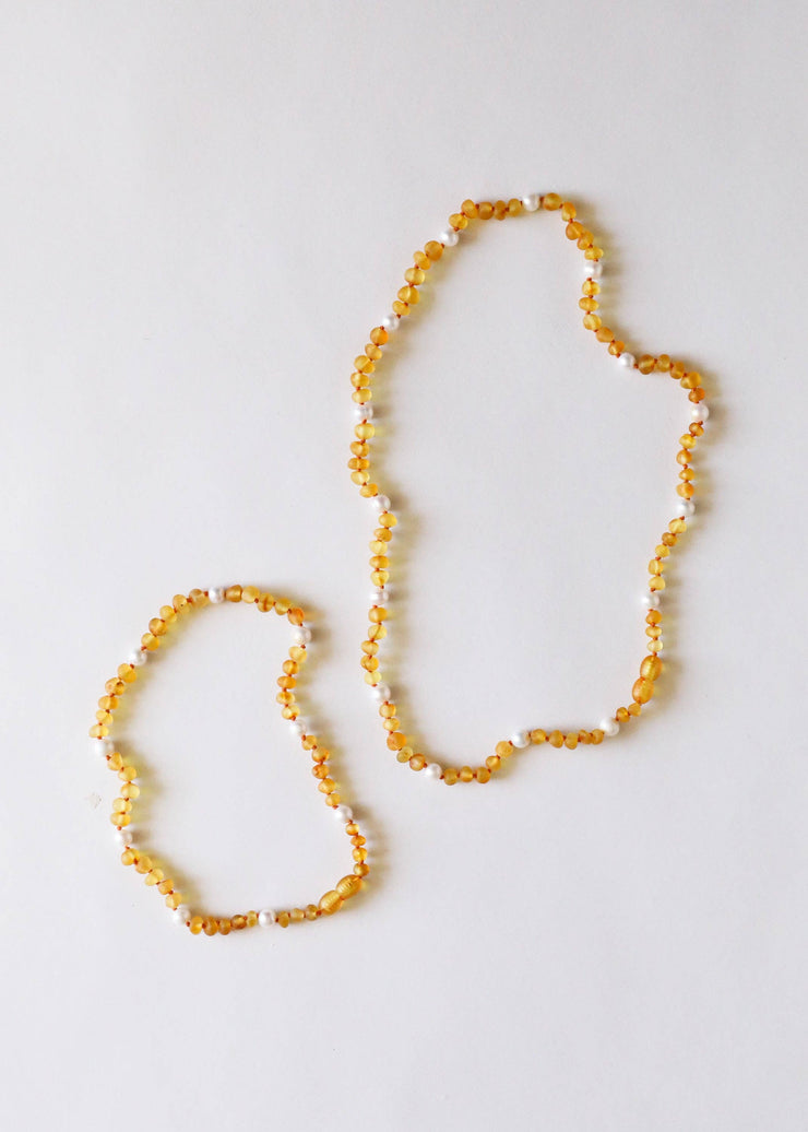 Raw Honey Amber + Pearl Halo Necklace: 11" Baby Necklace