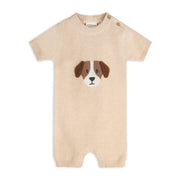 Puppy Dog Applique 3D Knit Baby Romper (Organic Cotton): Oat Heather / 6-12M