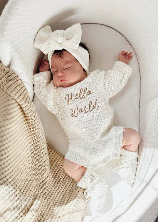 'Hello World' Announcement Romper | Textured Cloud: 0-3M