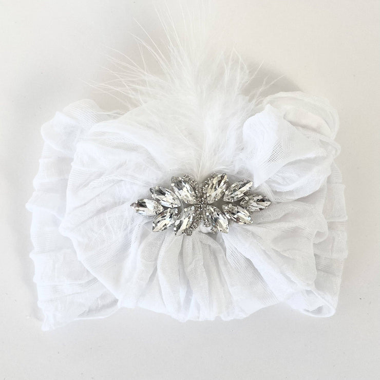 Fancy Feather Ruffled Headband: White