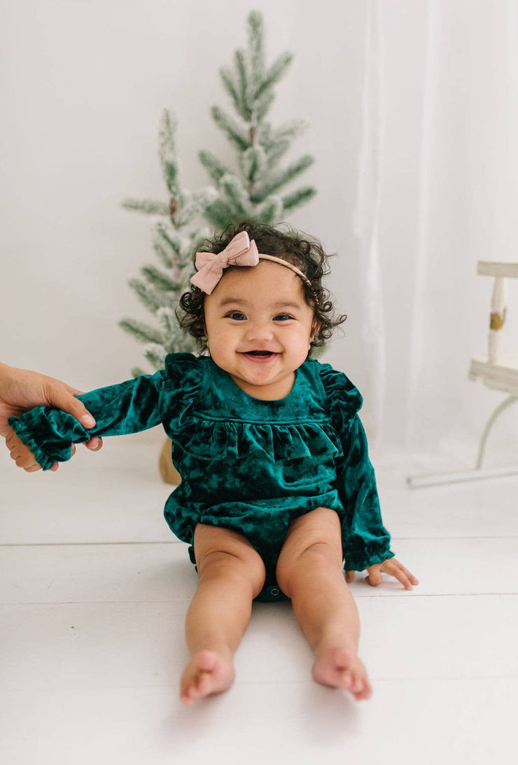 Hayley Romper in Green Crushed Velvet | Baby Clothing: 0/3m
