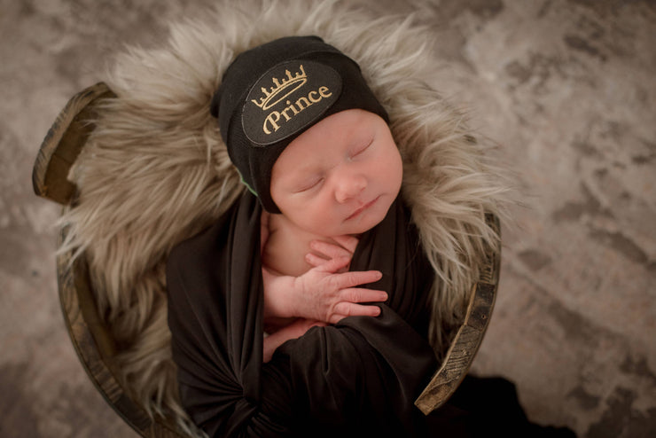 Gold Prince Patch Black Hospital Hat - Newborn Boy Prince