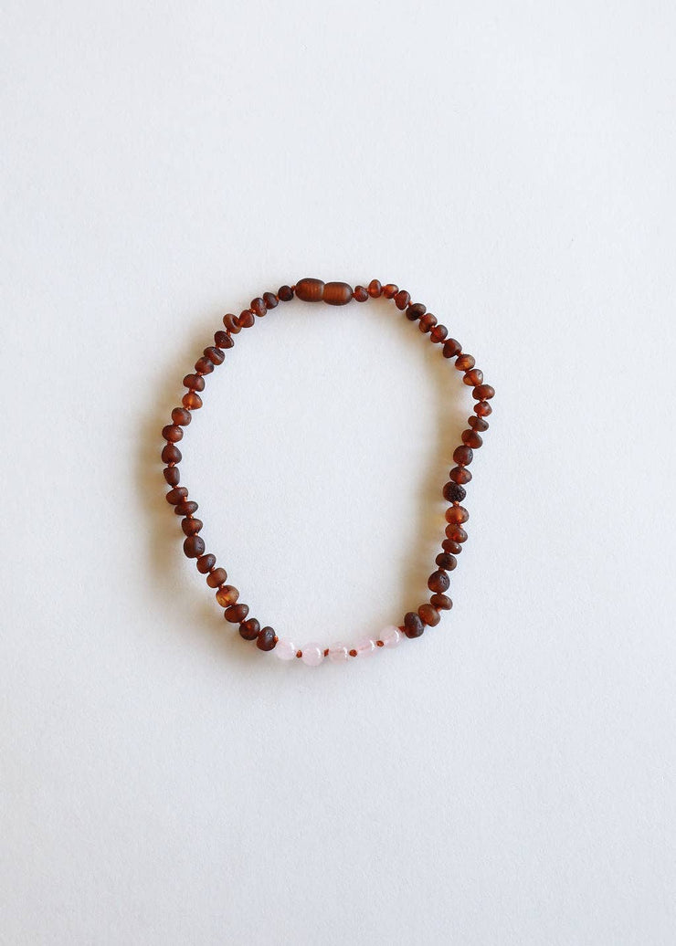 Raw Cognac Amber + Rose Quartz || Necklace