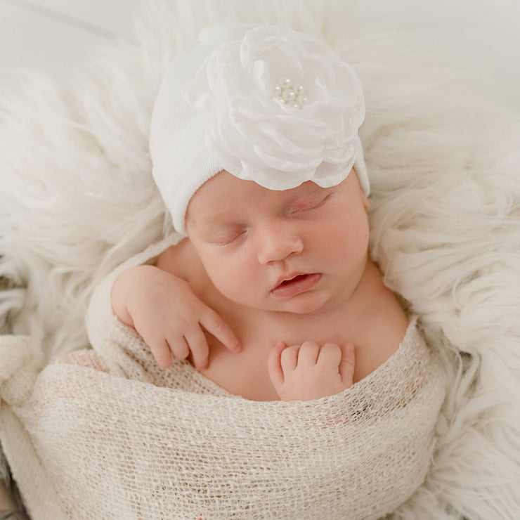 White Silk Flower with Pearl Center on White Hat