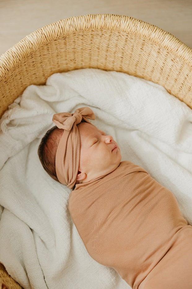 Copper Pearl Knit Headband Bow | Pecan