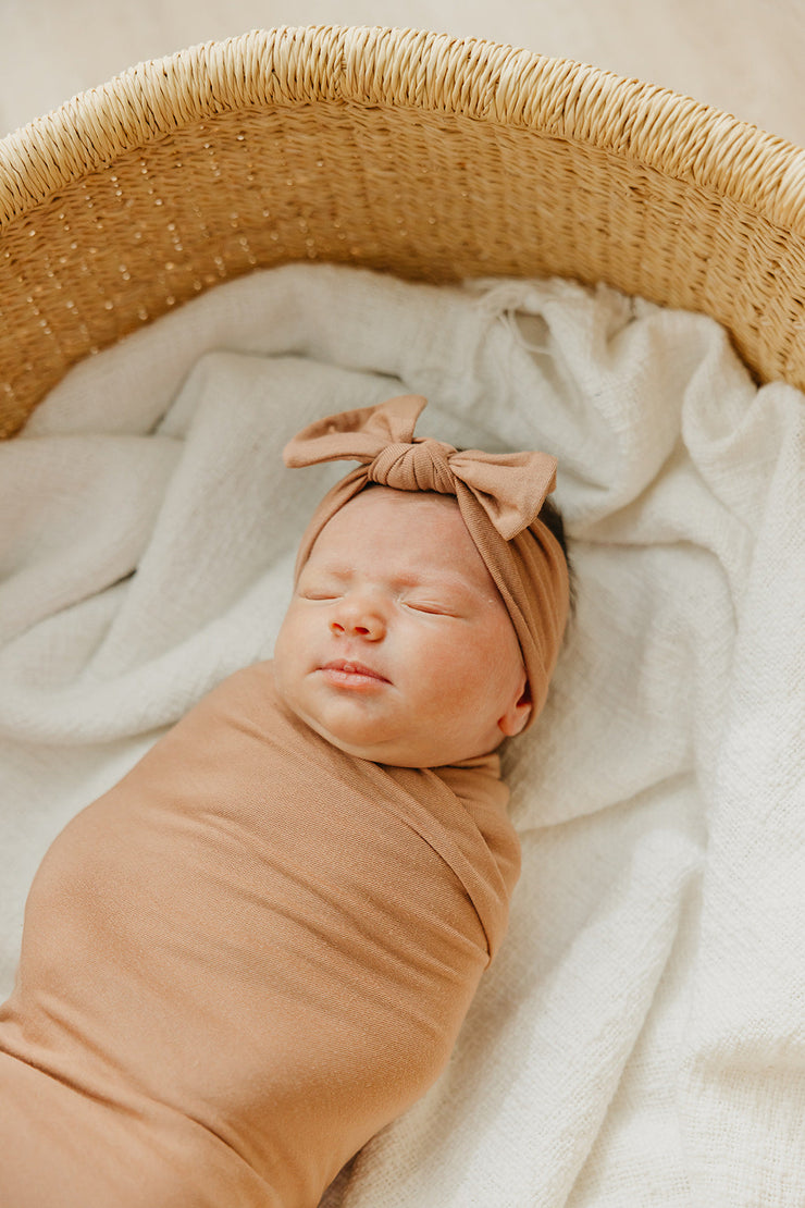Copper Pearl Knit Headband Bow | Pecan