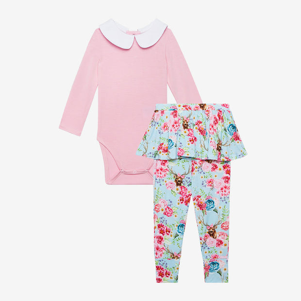 Posh Peanut Long Sleeve Peterpan Collar Bodysuit & Skirted Legging | Fawn