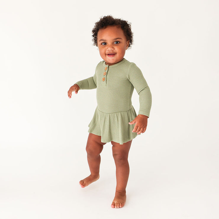 Posh Peanut Long Sleeve Henley Twirl Skirt Bodysuit | Olive Waffle