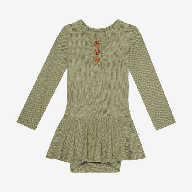 Posh Peanut Long Sleeve Henley Twirl Skirt Bodysuit | Olive Waffle