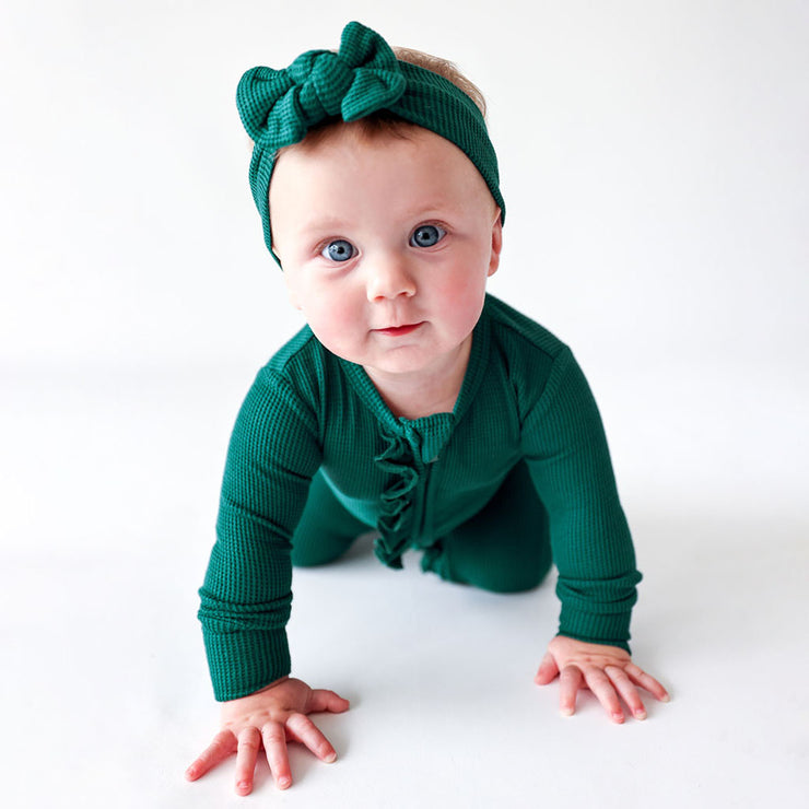 Posh Peanut Footie Ruffled Zippered One Piece | Hunter Green Waffle