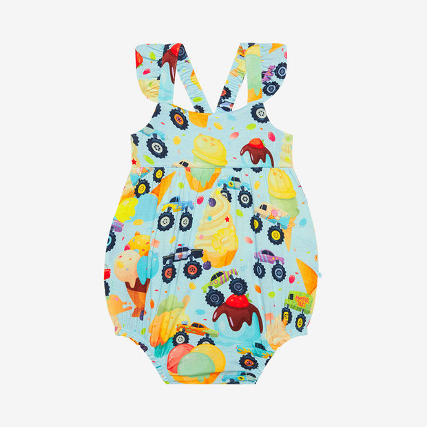 Posh Peanut Ruffled Capsleeve Bubble Romper | Monster Trucks