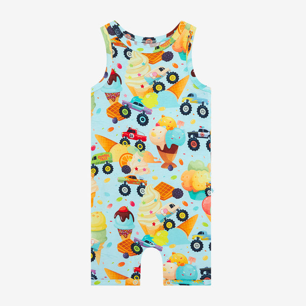 Posh Peanut Racerback Short Length Romper | Monster Trucks