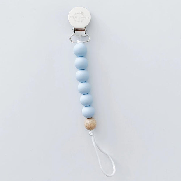Pacifier + Teether Clip- Silicone with 1 Beechwood Bead - Blue