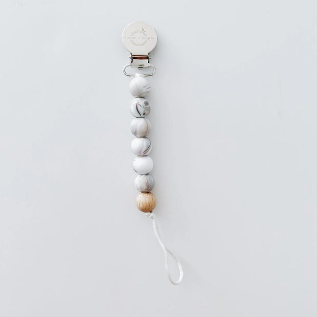 Pacifier + Teether Clip- Silicone with 1 Beechwood Bead- Marble