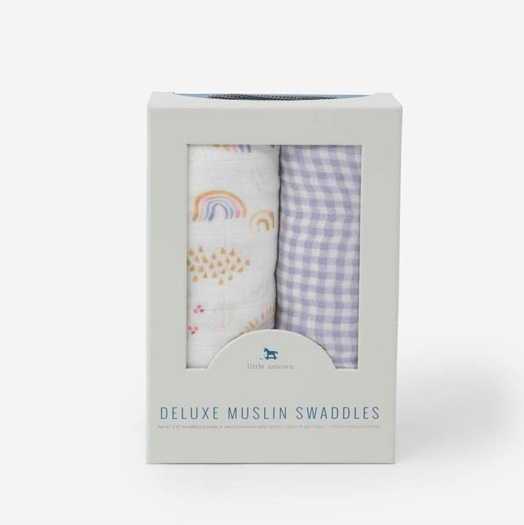 Little Unicorn Deluxe Muslin Swaddle Blanket Set | Rainbow Gingham