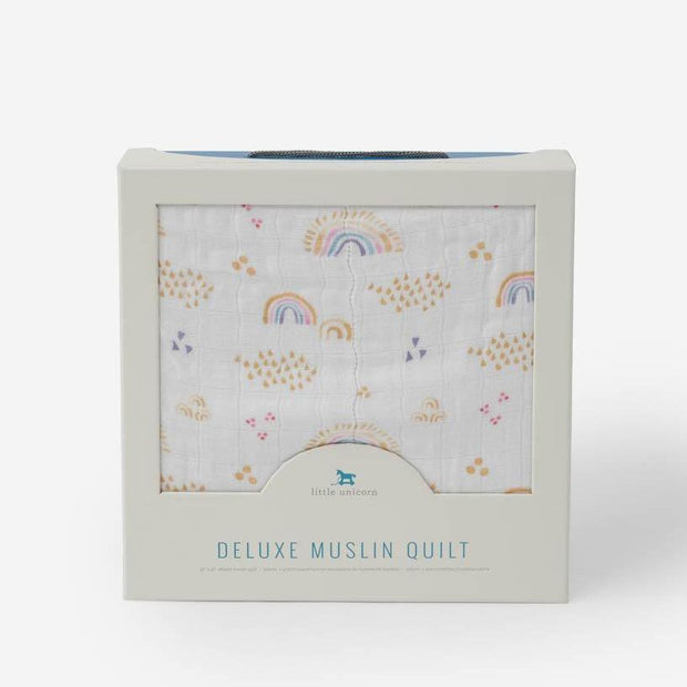 Little Unicorn Deluxe Muslin Baby Quilt | Rainbows & Raindrops