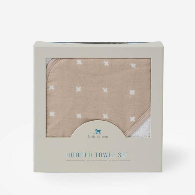 Little Unicorn Hooded Towel & Washcloth Set | Taupe Cross