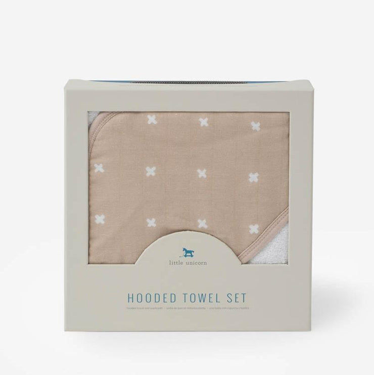 Little Unicorn Hooded Towel & Washcloth Set | Taupe Cross