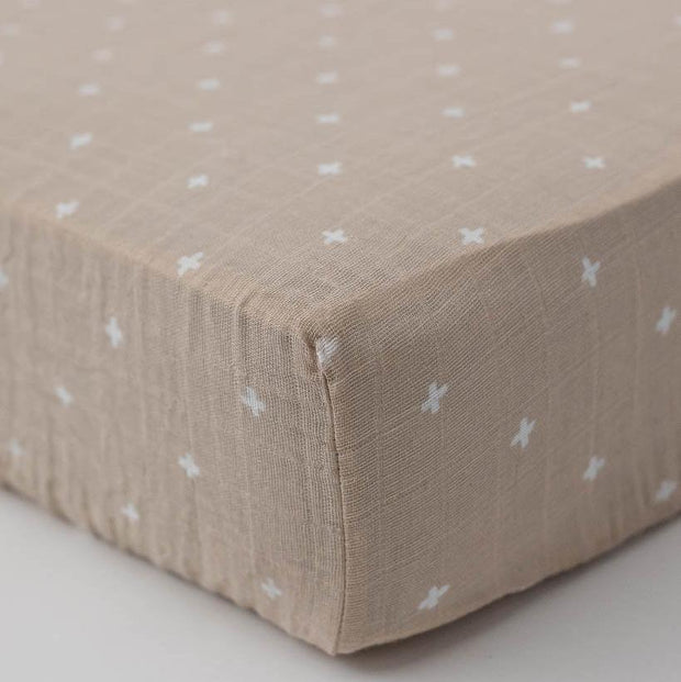 Little Unicorn Cotton Muslin Crib Sheet | Taupe Cross