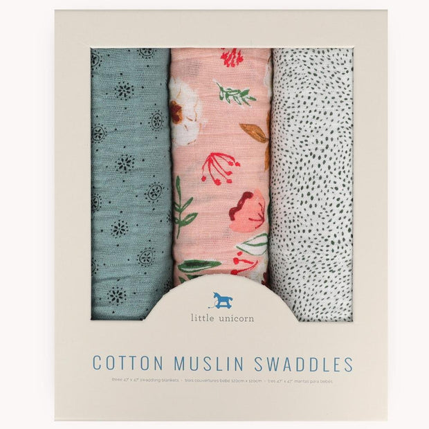 Little Unicorn Cotton Muslin Swaddle Blanket Set | Vintage Floral