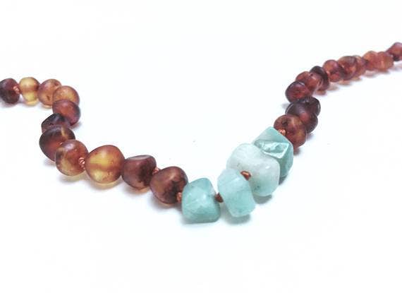 Raw Cognac Amber + Amazonite || Necklace 12"