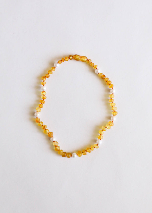 Raw Honey Amber + Pearl Halo Necklace: 11" Baby Necklace