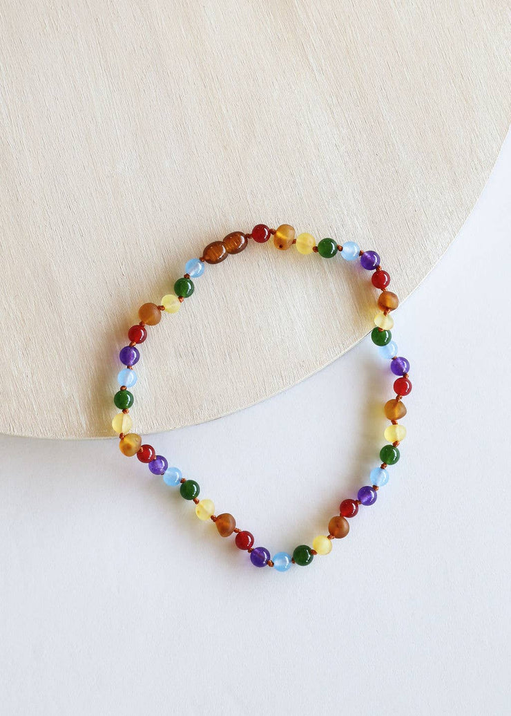 Kids: Raw Amber + Gemstone Rainbow Necklace