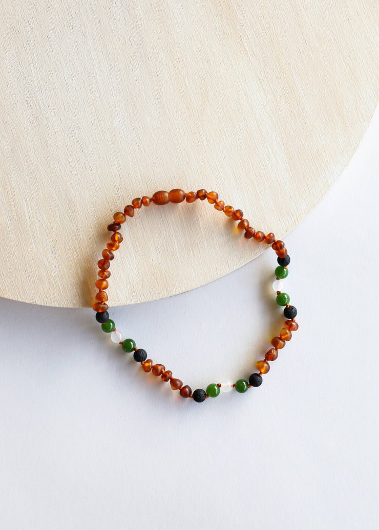 Kids: Raw Cognac Amber || Lava + Jade + Agate || Necklace