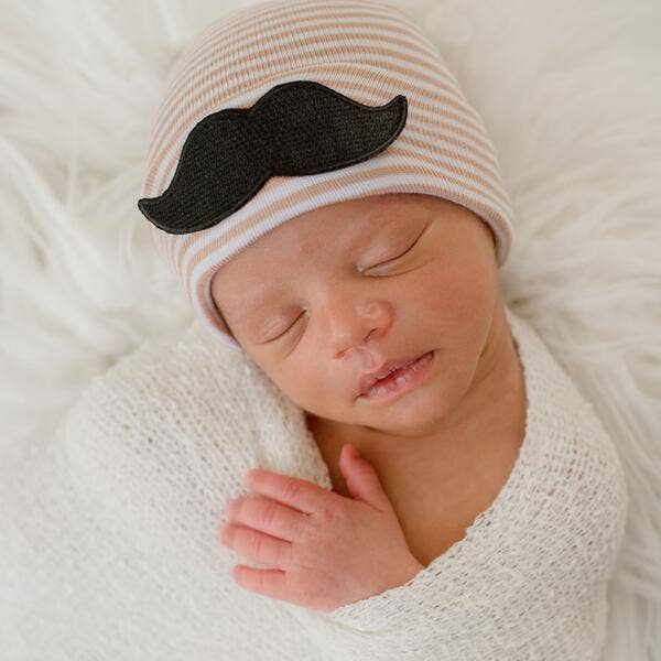 Hipster Tan and White Striped Mustache Hat